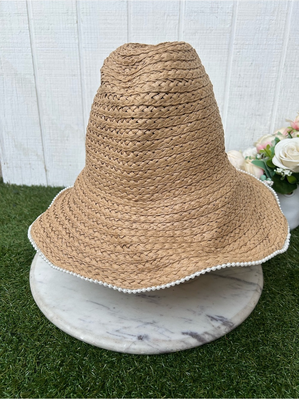 David and young Natural Straw Beach Hat with Pearl Trim/new no tag